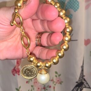 Karine Sultan Elegant Gold Beaded Bracelet with Pearl and Coin Charm